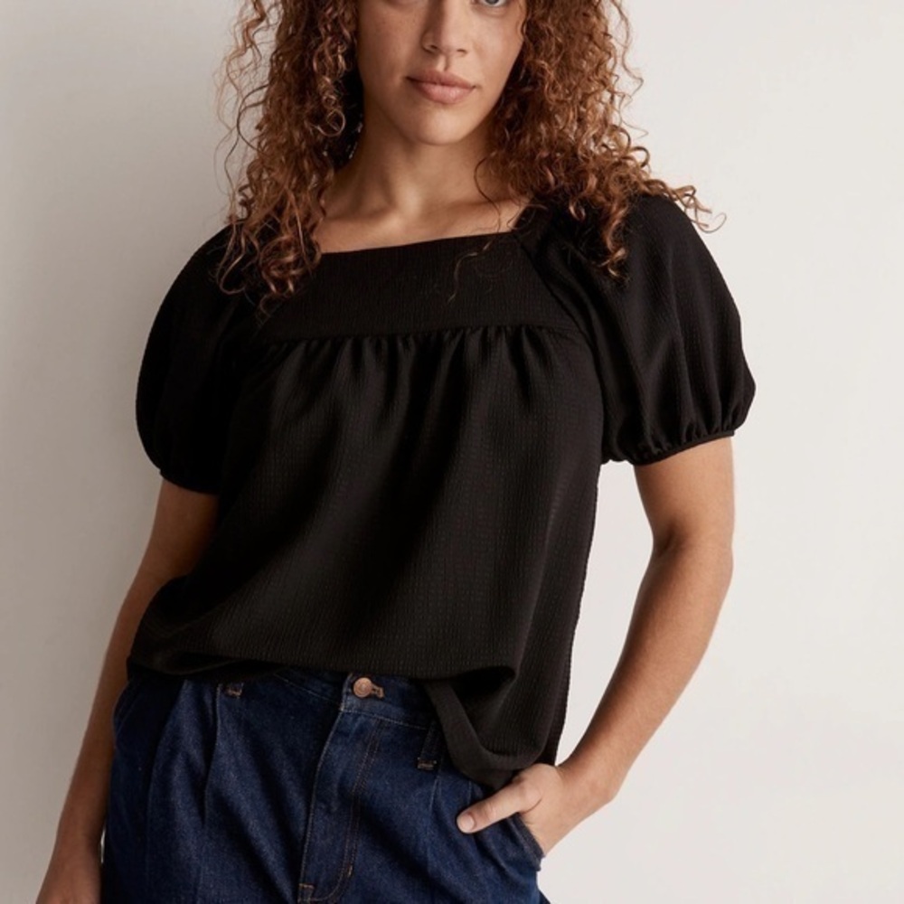 Madewell black seersucker puff sleeve blouse